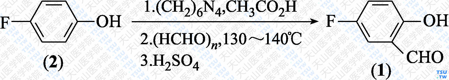 5-氟水杨醛（分子式：C<sub>7</sub>H<sub>5</sub>FO<sub>2</sub>）的合成方法路线及其结构式