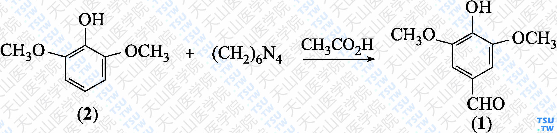 3，5-二甲氧基-4-羟基苯甲醛（分子式：C<sub>9</sub>H<sub>10</sub>O<sub>4</sub>）的合成方法路线及其结构式