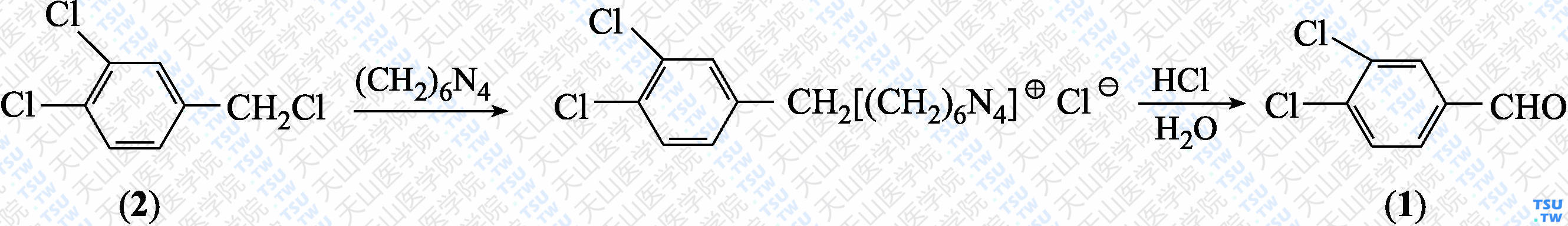 3，4-二氯苯甲醛（分子式：C<sub>7</sub>H<sub>4</sub>Cl<sub>2</sub>O）的合成方法路线及其结构式