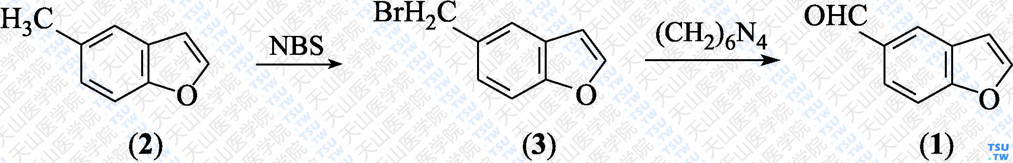 苯并呋喃-5-甲醛（分子式：C<sub>9</sub>H<sub>6</sub>O<sub>2</sub>）的合成方法路线及其结构式