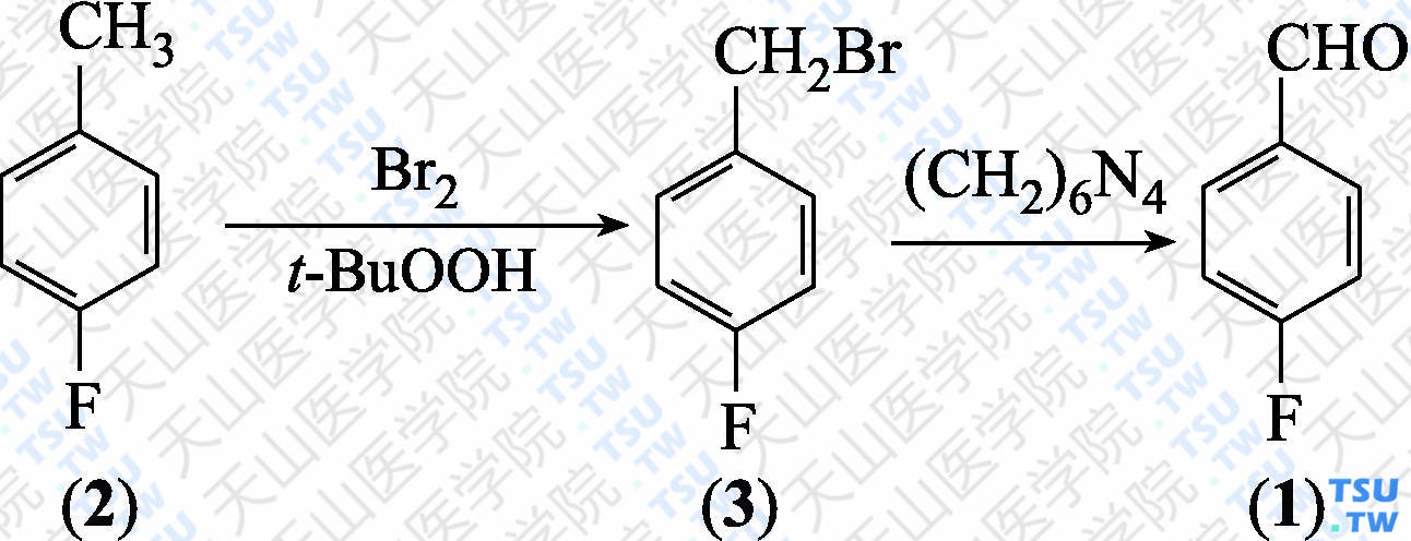 对氟苯甲醛（分子式：C<sub>7</sub>H<sub>5</sub>OF）的合成方法路线及其结构式
