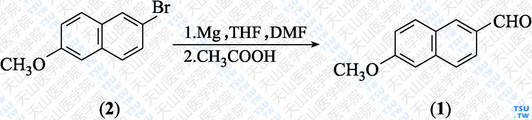 6-甲氧基-2-萘甲醛（分子式：C<sub>12</sub>H<sub>10</sub>O<sub>2</sub>）的合成方法路线及其结构式