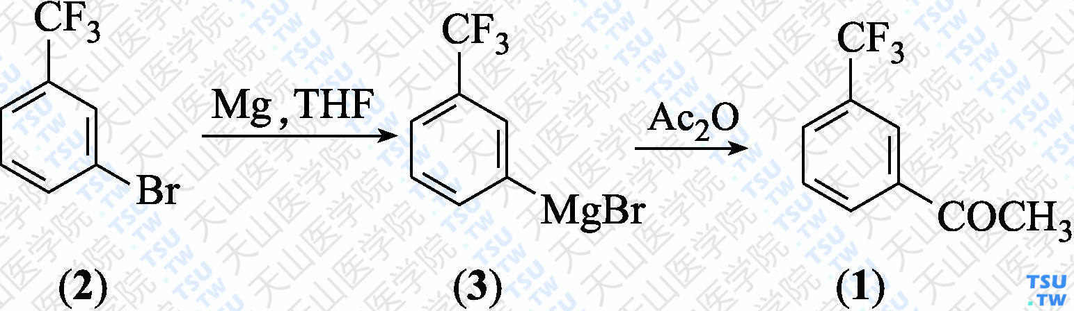 间三氟甲基苯乙酮（分子式：C<sub>9</sub>H<sub>7</sub>F<sub>3</sub>O）的合成方法路线及其结构式