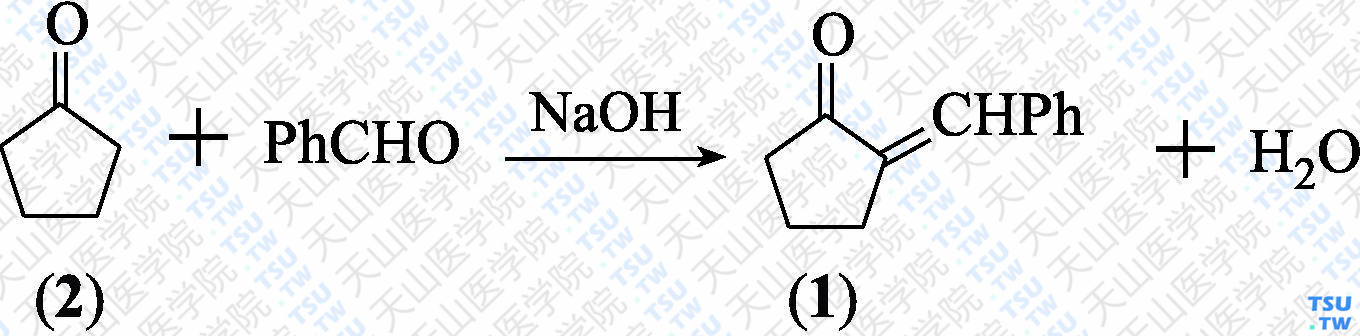 2-苯亚甲基环戊酮（分子式：C<sub>12</sub>H<sub>12</sub>O）的合成方法路线及其结构式