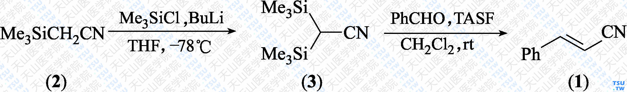 （<i>E</i>）-3-苯基丙烯腈（分子式：C<sub>9</sub>H<sub>7</sub>N）的合成方法路线及其结构式