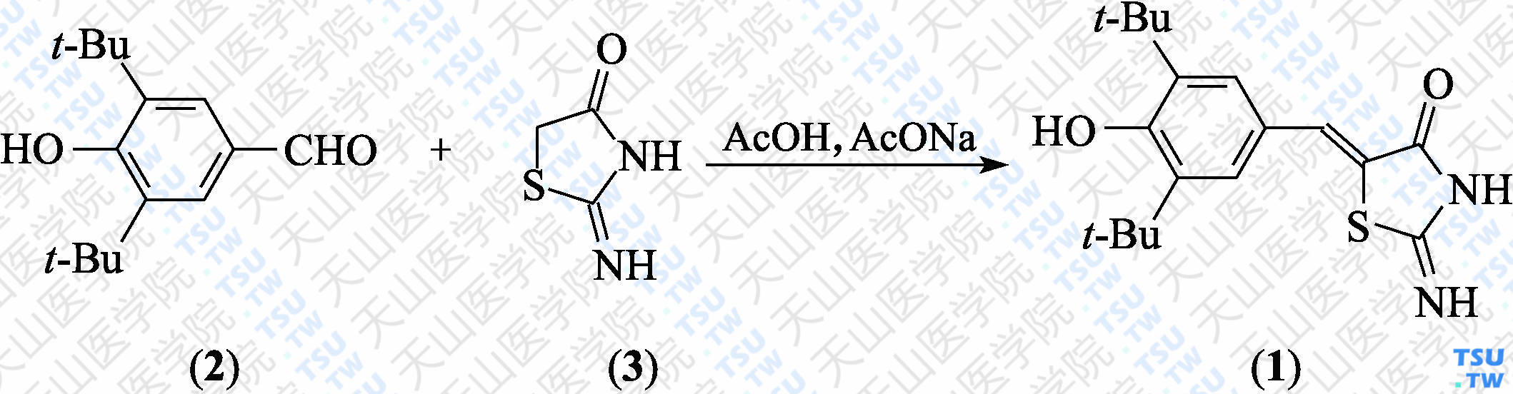 5-（<i>Z</i>）-（3，5-二叔丁基-4-羟基苯基亚甲基）-2-亚氨基-4-噻唑啉酮（分子式：C<sub>18</sub>H<sub>24</sub>N<sub>2</sub>O<sub>2</sub>S）的合成方法路线及其结构式