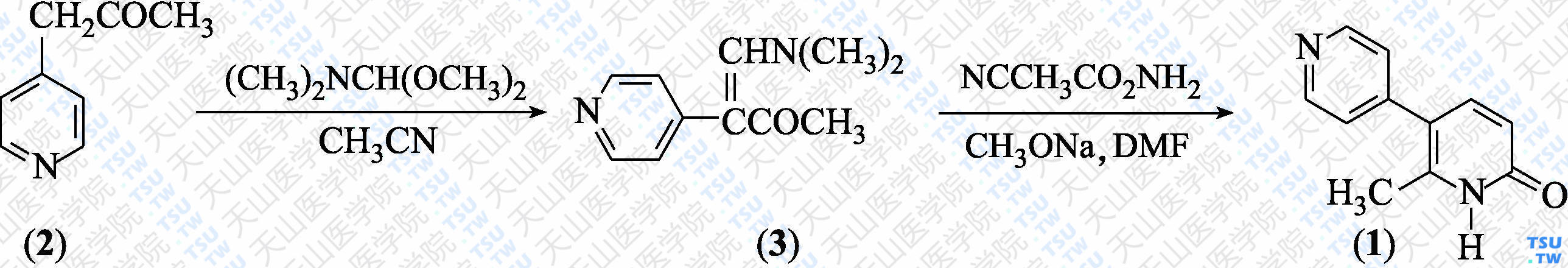 米力农（分子式：C<sub>11</sub>H<sub>10</sub>N<sub>2</sub>O）的合成方法路线及其结构式