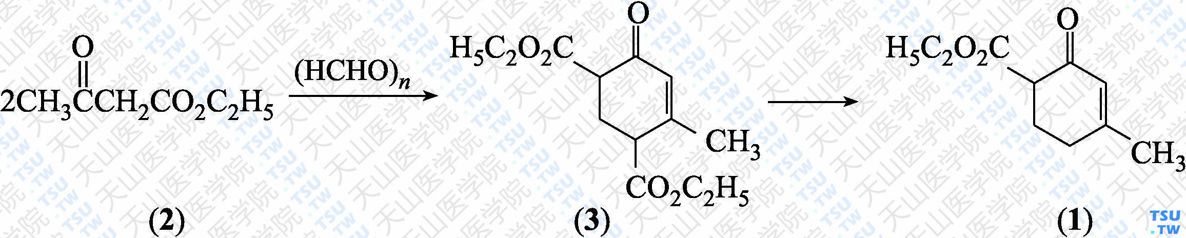 3-甲基-4-乙氧羰基-2-环己烯酮（分子式：C<sub>10</sub>H<sub>14</sub>O<sub>3</sub>）的合成方法路线及其结构式