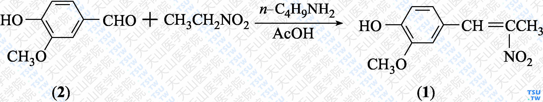 2-甲氧基-4-（2-硝基-1-丙烯基）苯酚（分子式：C<sub>10</sub>H<sub>11</sub>NO<sub>4</sub>）的合成方法路线及其结构式