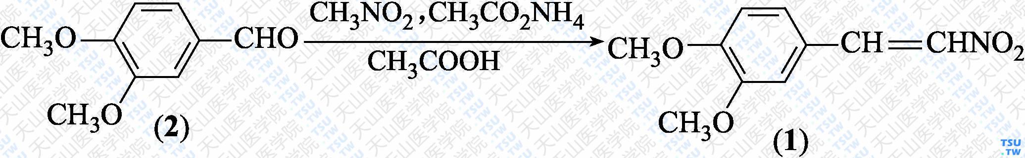 <i>ω</i>-硝基-3，4-二甲氧苯乙烯（分子式：C<sub>10</sub>H<sub>11</sub>NO<sub>4</sub>）的合成方法路线及其结构式