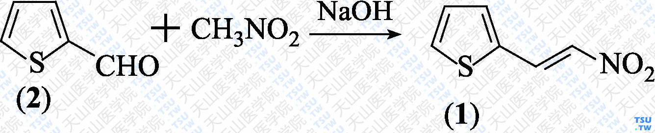 2-（2-硝基乙烯基）噻吩（分子式：C<sub>6</sub>H<sub>5</sub>NO<sub>2</sub>S）的合成方法路线及其结构式