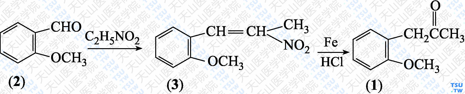 邻甲氧基苯基丙酮（分子式：C<sub>10</sub>H<sub>12</sub>O<sub>2</sub>）的合成方法路线及其结构式