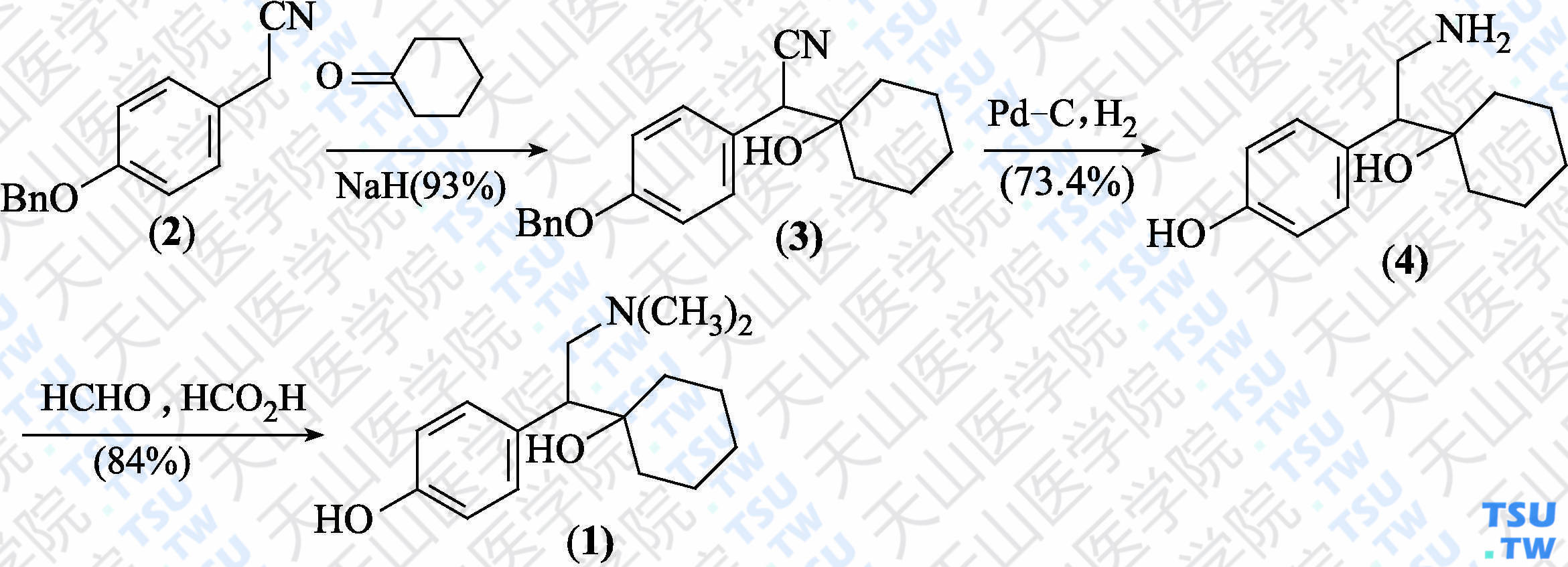 去甲文拉法辛（分子式：C<sub>16</sub>H<sub>25</sub>NO<sub>2</sub>）的合成方法路线及其结构式