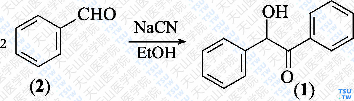 苯偶姻（分子式：C<sub>14</sub>H<sub>10</sub>O<sub>2</sub>）的合成方法路线及其结构式