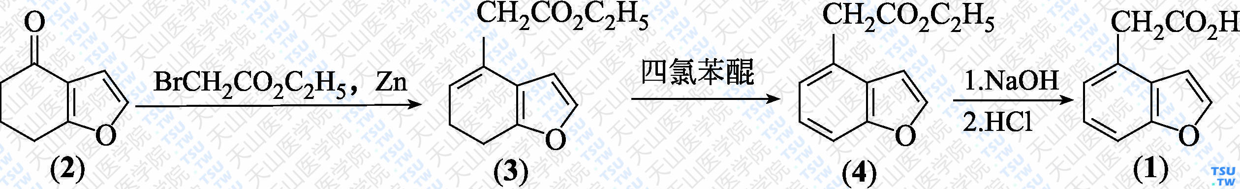 4-苯并呋喃乙酸（分子式：C<sub>10</sub>H<sub>8</sub>O<sub>3</sub>）的合成方法路线及其结构式