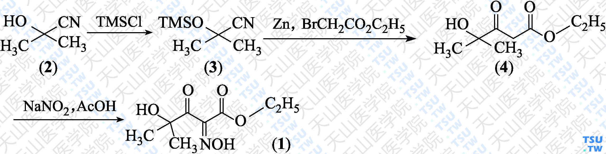 2-羟亚氨基-4-羟基-4-甲基-3-氧代戊酸乙酯（分子式：C<sub>8</sub>H<sub>13</sub>NO<sub>5</sub>）的合成方法路线及其结构式