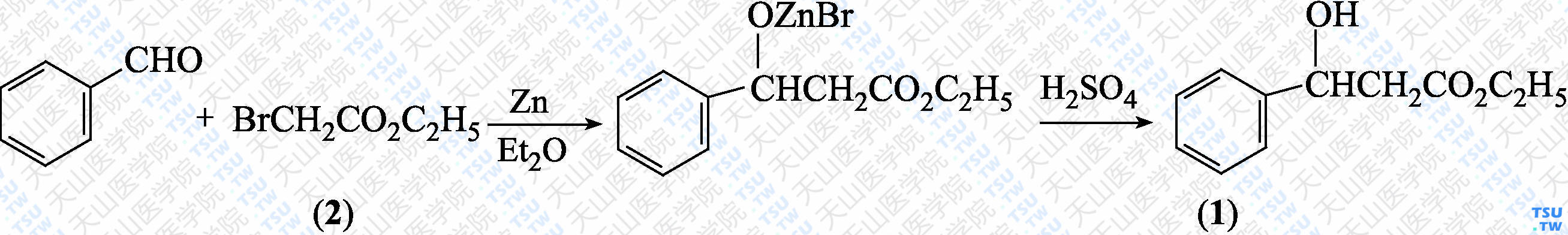 <i>β</i>-苯基-<i>β</i>羟基丙酸乙酯（分子式：C<sub>11</sub>H<sub>14</sub>O<sub>3</sub>）的合成方法路线及其结构式