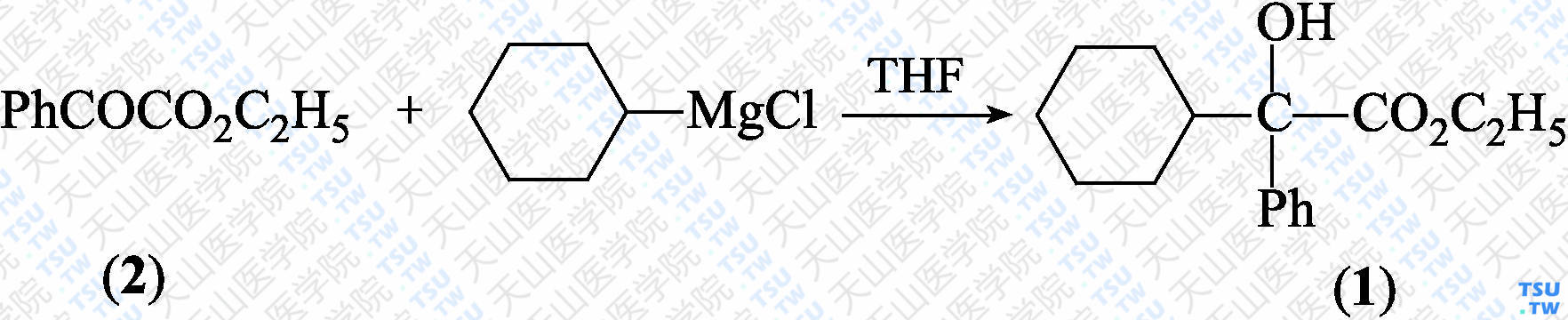 2-环己基扁桃酸乙酯（分子式：C<sub>16</sub>H<sub>22</sub>O<sub>3</sub>）的合成方法路线及其结构式