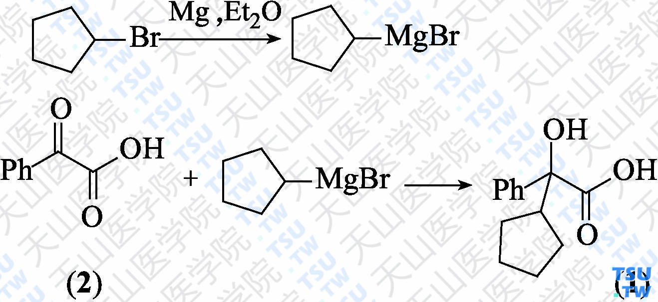 <i>α</i>-环戊基扁桃酸（分子式：C<sub>13</sub>H<sub>16</sub>O<sub>3</sub>）的合成方法路线及其结构式