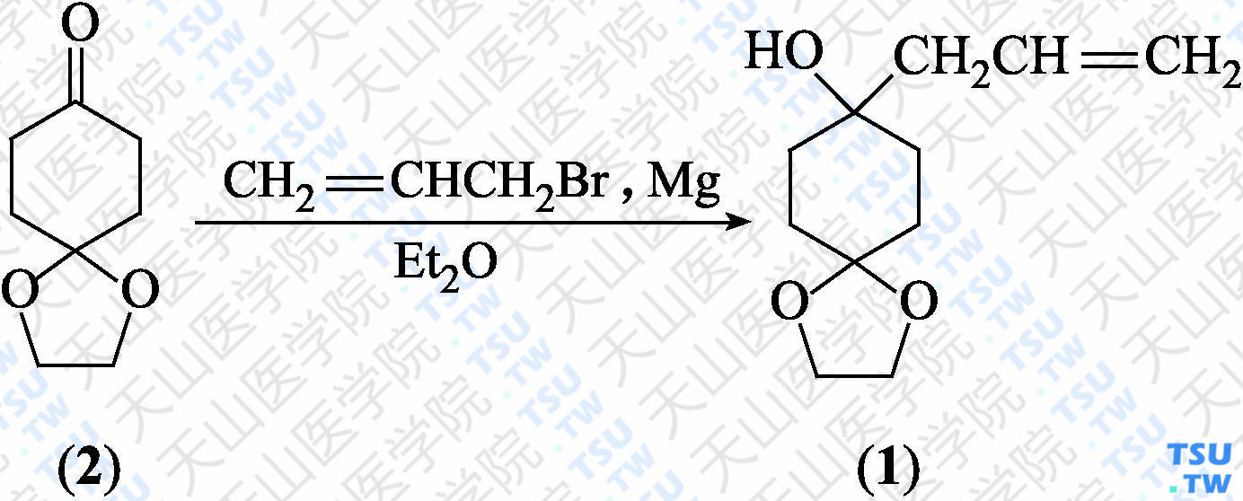 8-烯丙基-1，4-二氧杂螺[4，5]癸烷-8-醇（分子式：C<sub>11</sub>H<sub>18</sub>O<sub>3</sub>）的合成方法路线及其结构式
