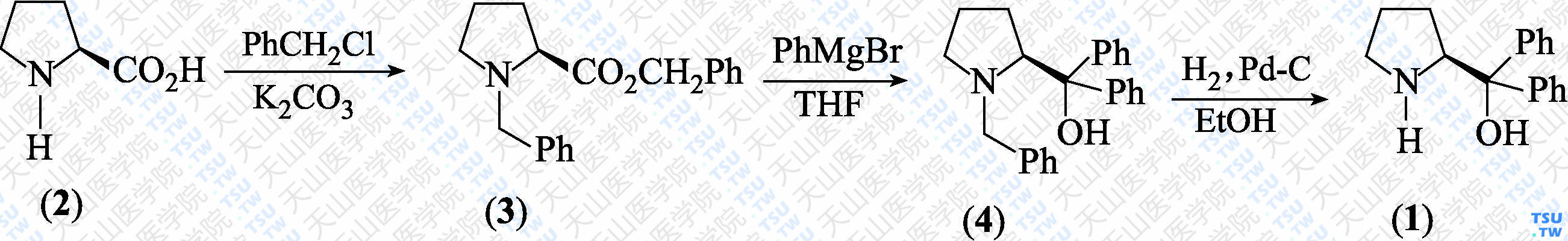（<i>S</i>）-<i>α</i>，<i>α</i>-二苯基-2-吡咯烷甲醇（分子式：C<sub>17</sub>H<sub>19</sub>NO）的合成方法路线及其结构式
