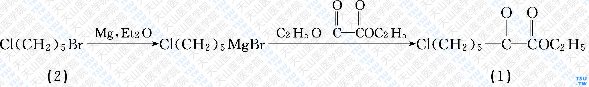 7-氯-2-氧代庚酸乙酯（分子式：C<sub>9</sub>H<sub>15</sub>ClO<sub>4</sub>）的合成方法路线及其结构式