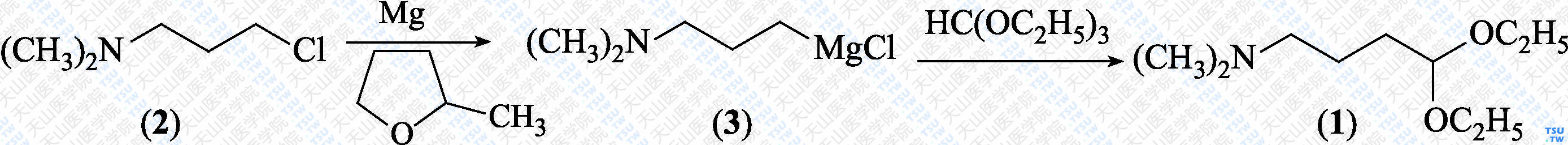 4-二甲氨基丁醛缩二乙醇（分子式：C<sub>10</sub>H<sub>23</sub>NO<sub>2</sub>）的合成方法路线及其结构式