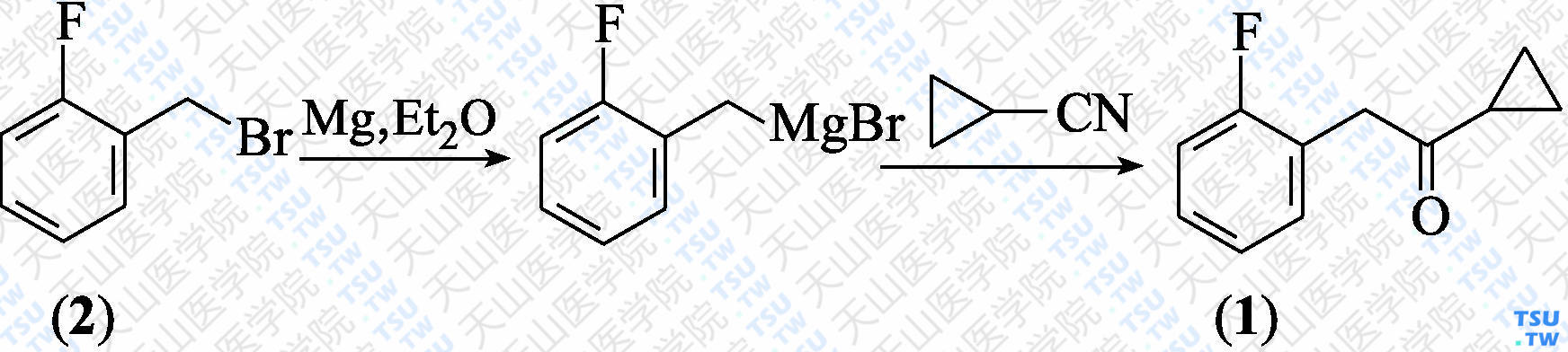 环丙基-2-氟苄基酮（分子式：C<sub>11</sub>H<sub>11</sub>FO）的合成方法路线及其结构式
