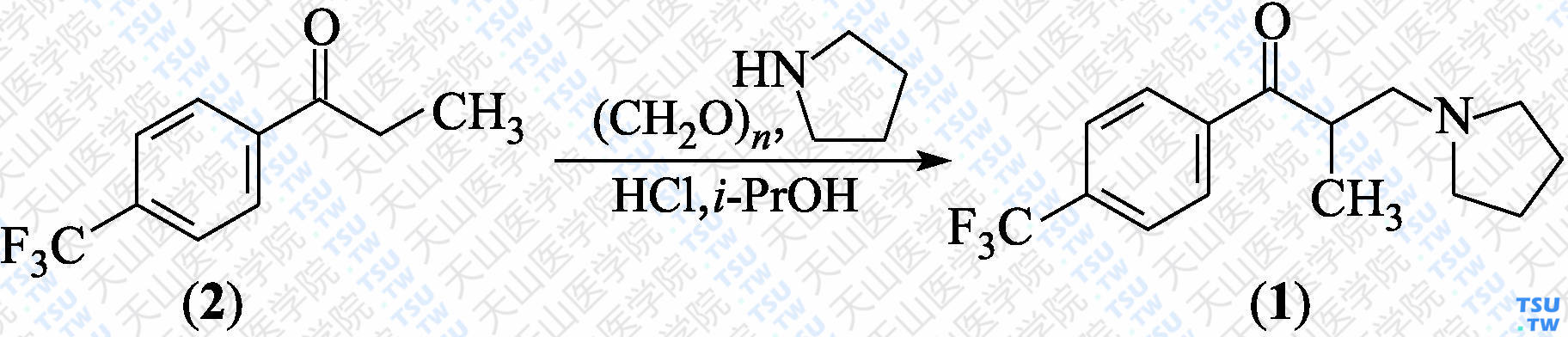 2-甲基-3-（1-吡咯烷基）-1-[4-（三氟甲基）苯基]丙酮（分子式：C<sub>15</sub>H<sub>18</sub>F<sub>3</sub>NO）的合成方法路线及其结构式