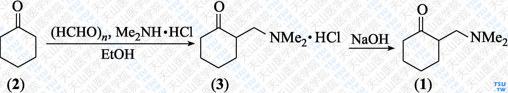 2-二甲氨基甲基-1-环己酮（分子式：C<sub>9</sub>H<sub>17</sub>NO）的合成方法路线及其结构式