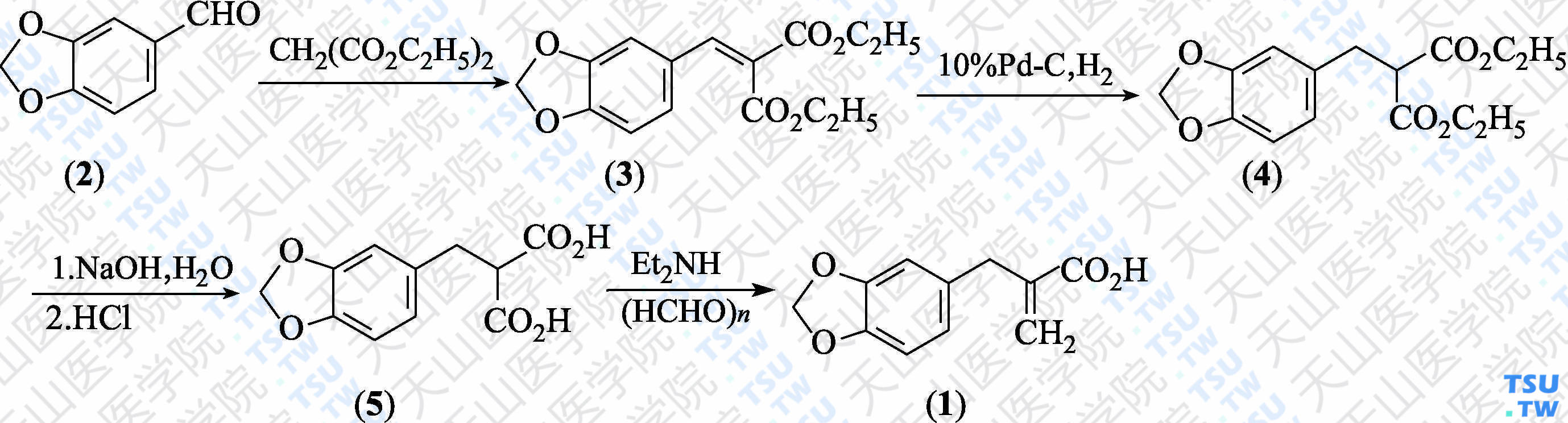 2-（3，4-亚甲二氧基苄基）丙烯酸（分子式：C<sub>11</sub>H<sub>10</sub>O<sub>4</sub>）的合成方法路线及其结构式
