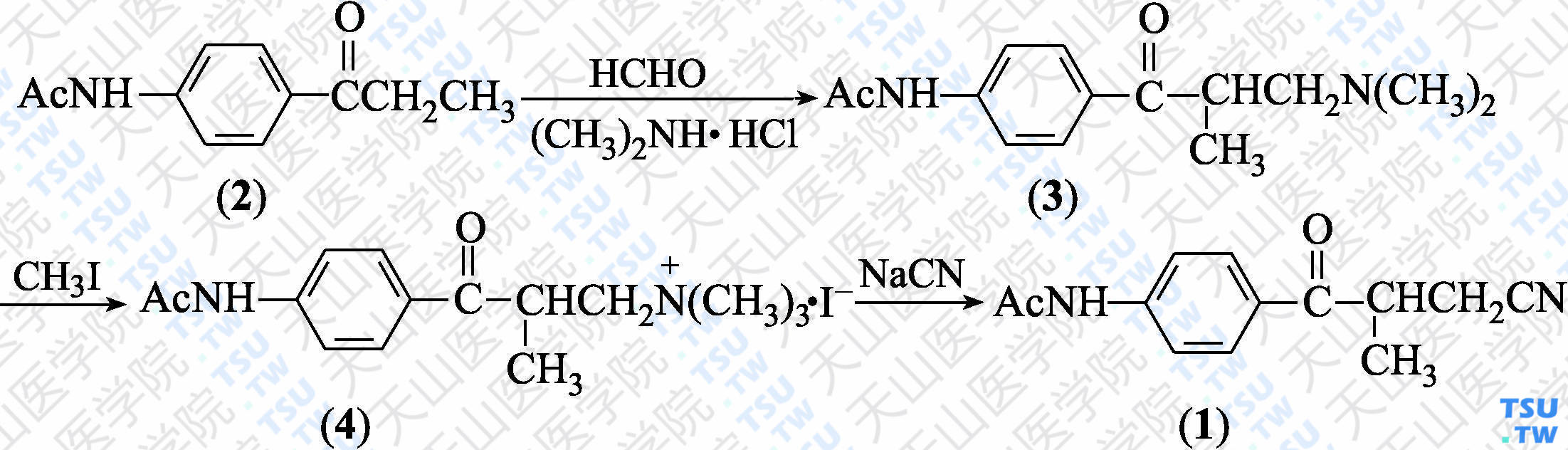 3-（4'-乙酰氨基苯甲酰基）丁腈（分子式：C<sub>13</sub>H<sub>14</sub>N<sub>2</sub>O<sub>2</sub>）的合成方法路线及其结构式