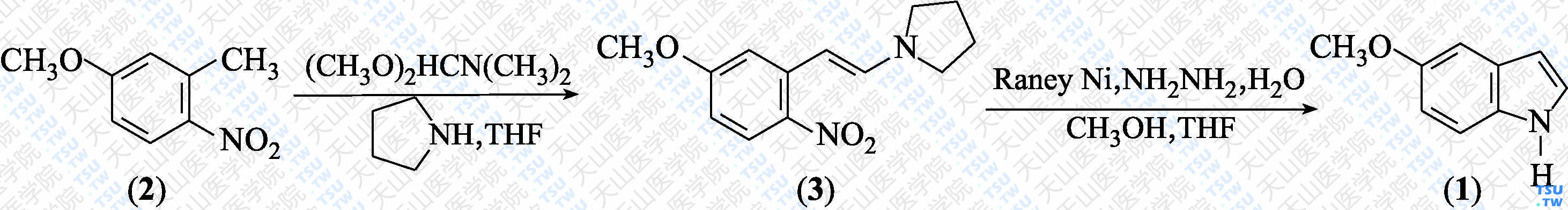 5-甲氧基吲哚（分子式：C<sub>9</sub>H<sub>9</sub>NO）的合成方法路线及其结构式