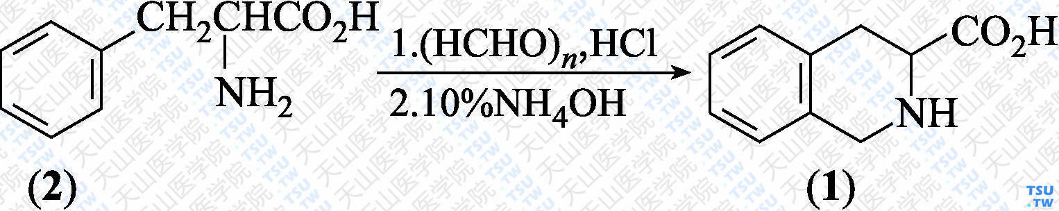 1，2，3，4-四氢异喹啉-3-羧酸（分子式：C<sub>10</sub>H<sub>11</sub>NO<sub>2</sub>）的合成方法路线及其结构式