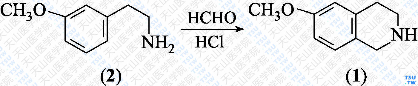 6-甲氧基-1，2，3，4-四氢异喹啉（分子式：C<sub>10</sub>H<sub>13</sub>NO）的合成方法路线及其结构式