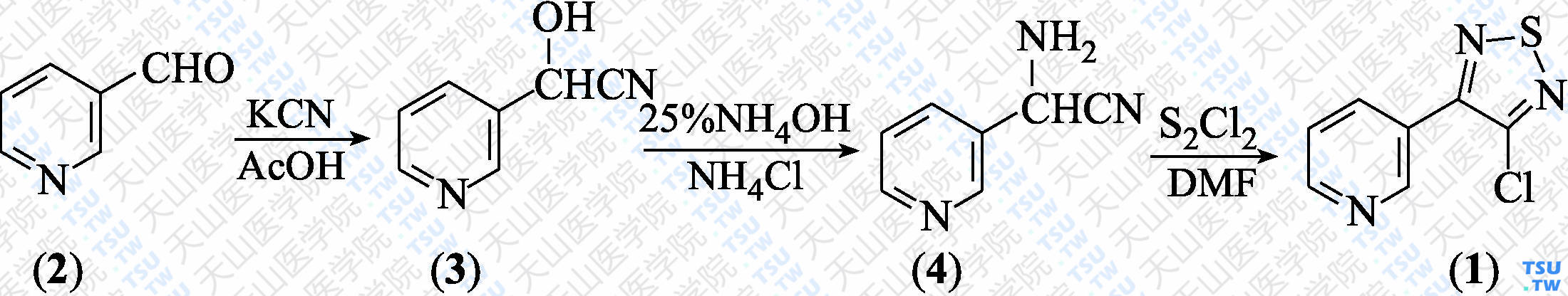 3-（4-氯-1，2，5-噻二唑-3-基）吡啶（分子式：C<sub>7</sub>H<sub>4</sub>ClN<sub>3</sub>S）的合成方法路线及其结构式