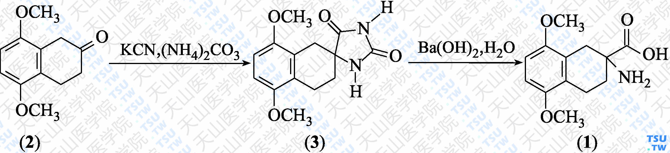 2-氨基-5，8-二甲氧基-1，2，3，4-四氢萘-2-羧酸（分子式：C<sub>13</sub>H<sub>17</sub>NO<sub>4</sub>）的合成方法路线及其结构式