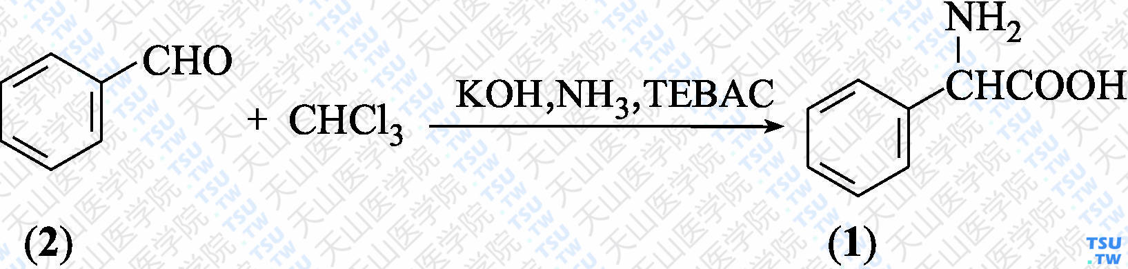 苯甘氨酸（分子式：C<sub>8</sub>H<sub>9</sub>NO<sub>2</sub>）的合成方法路线及其结构式