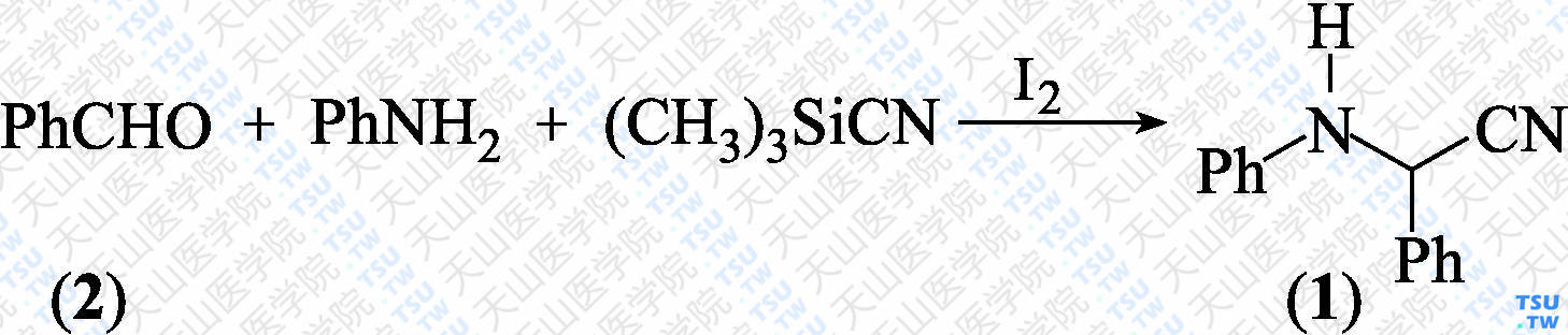 2-苯基-2-苯氨基乙腈（分子式：C<sub>14</sub>H<sub>12</sub>N<sub>2</sub>）的合成方法路线及其结构式