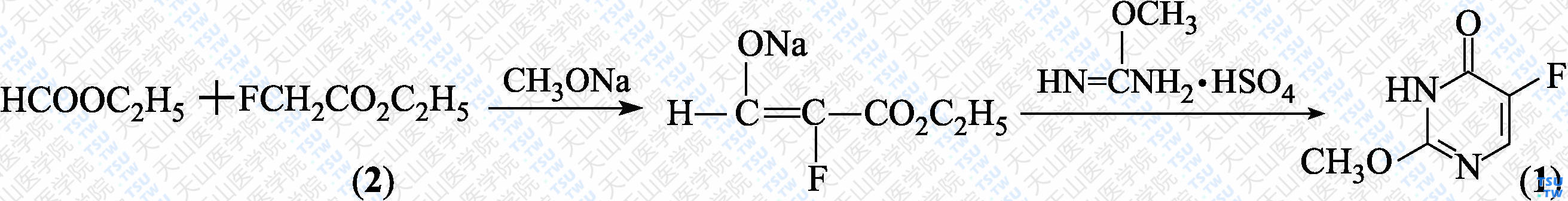 2-甲氧基-5-氟嘧啶-4（3<i>H</i>）-酮（分子式：C<sub>5</sub>H<sub>5</sub>FN<sub>2</sub>O<sub>2</sub>）的合成方法路线及其结构式