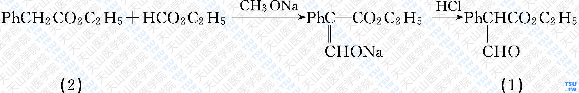 <i>α</i>-甲酰基苯乙酸乙酯（分子式：C<sub>11</sub>H<sub>12</sub>O<sub>3</sub>）的合成方法路线及其结构式