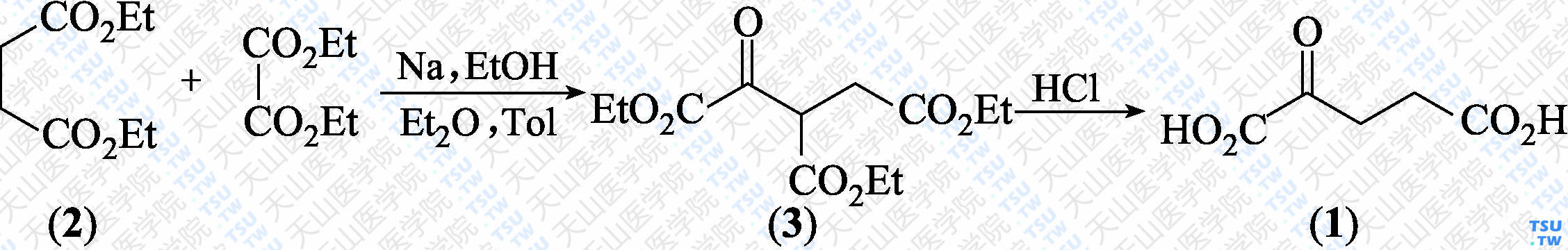 2-氧代戊二酸（分子式：C<sub>5</sub>H<sub>6</sub>O<sub>5</sub>）的合成方法路线及其结构式