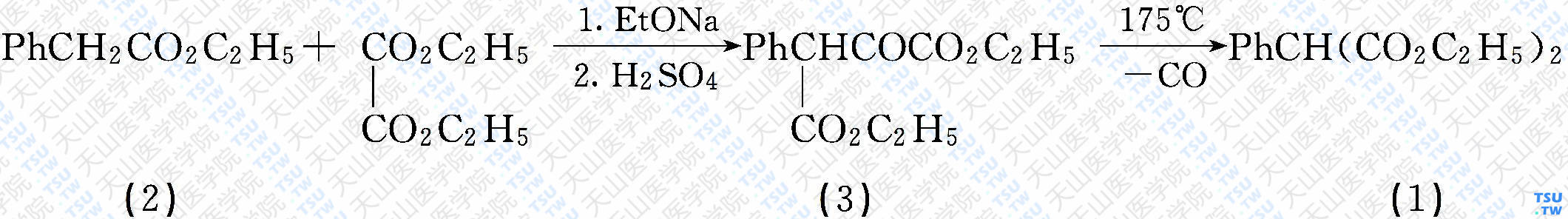 苯基丙二酸二乙酯（分子式：C<sub>13</sub>H<sub>16</sub>O<sub>4</sub>）的合成方法路线及其结构式