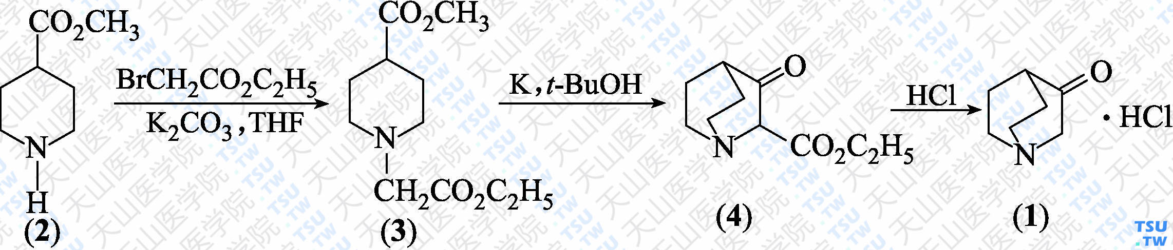 3-奎宁环酮盐酸盐（分子式：C<sub>7</sub>H<sub>11</sub>NO·HCl）的合成方法路线及其结构式