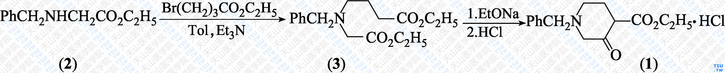 1-苄基-3-氧代-4-哌啶甲酸乙酯盐酸盐（分子式：C<sub>15</sub>H<sub>19</sub>NO<sub>3</sub>·HCl）的合成方法路线及其结构式
