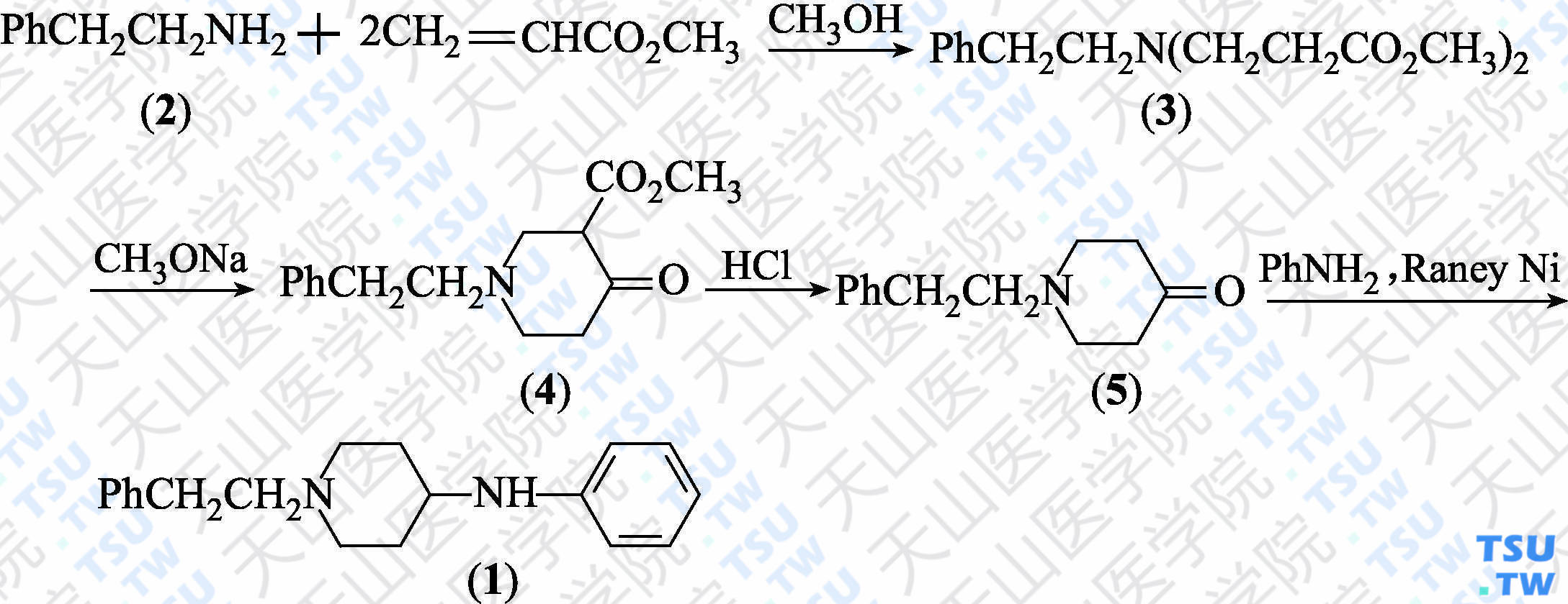 <i>N</i>-（1-苯乙基哌啶-4-基）苯胺（分子式：C<sub>19</sub>H<sub>24</sub>N<sub>2</sub>）的合成方法路线及其结构式