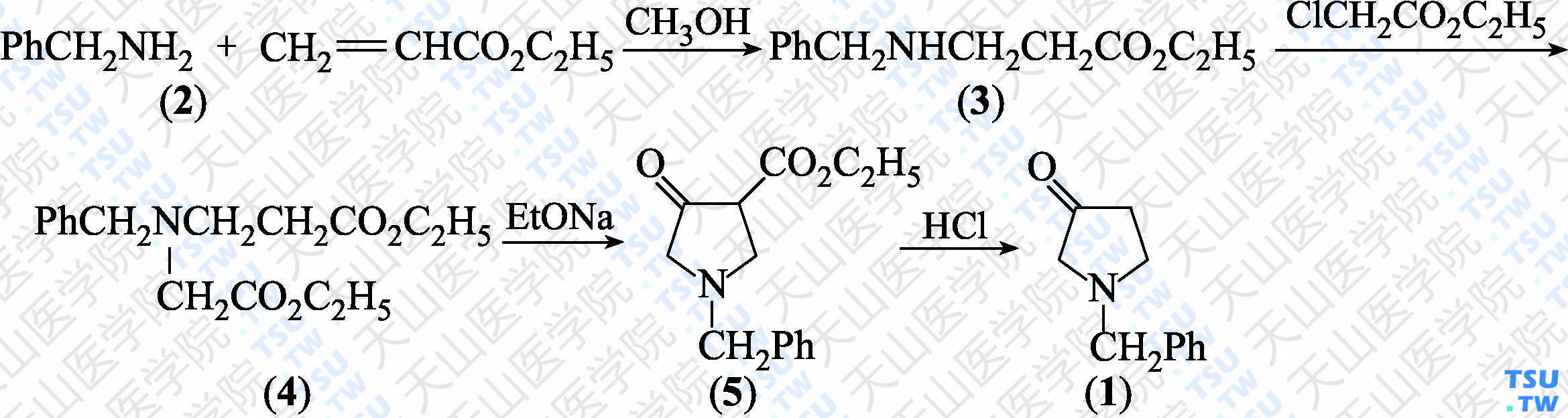 <i>N</i>-苄基-3-吡咯烷酮（分子式：C<sub>11</sub>H<sub>13</sub>NO）的合成方法路线及其结构式
