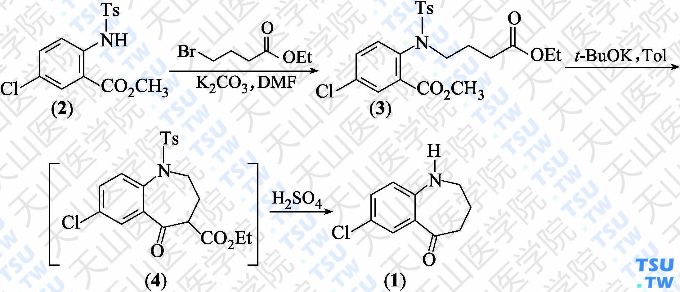 7-氯-5-氧代-2，3，4，5-四氢-1<i>H</i>-1-苯并氮杂䓬（分子式：C<sub>10</sub>H<sub>10</sub>ClNO）的合成方法路线及其结构式