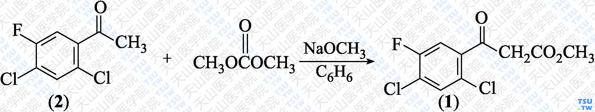 <i>α</i>-（2，4-二氯-5-氟苯甲酰基）乙酸甲酯（分子式：C<sub>10</sub>H<sub>7</sub> FCl<sub>2</sub>O<sub>3</sub>）的合成方法路线及其结构式