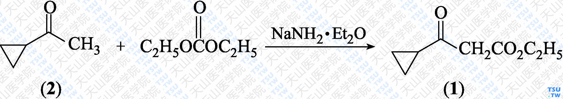 <i>β</i>-环丙基-<i>β</i>-丙酮酸乙酯（分子式：C<sub>8</sub>H<sub>12</sub>O<sub>3</sub>）的合成方法路线及其结构式